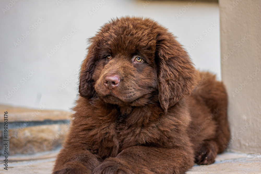 Fototapeta premium brown Newfoundland puppy playing in a garden