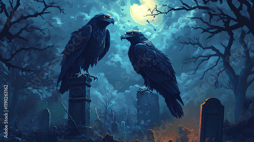 Two scary looking eagles are relaxing on a gravestone photo