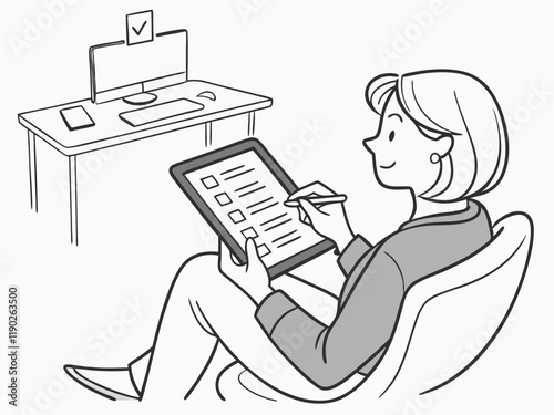 AI Generated flat illustration of an individual filling out a survey on a digital tablet in a clean and modern design