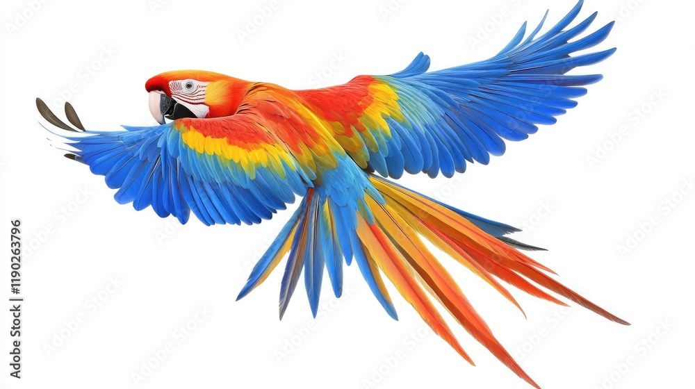 Fototapeta premium Vibrant Parrot Soaring Through the Air with a Crisp White Backdrop