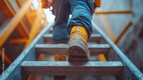 Close-up of worker's boots climbing a metal ladder, construction site.
