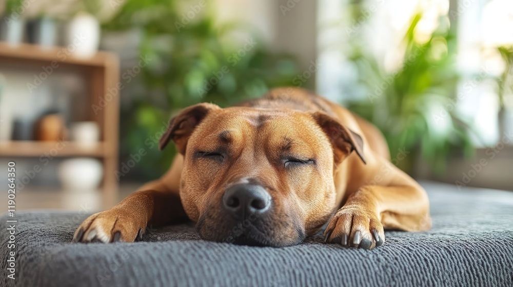 Fototapeta premium A peaceful dog sleeping on a cozy bed in a modern living room filled with plants.