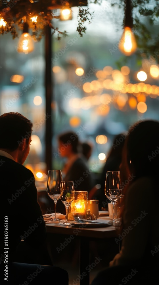 A restaurant with an elegant blurred background, featuring softly glowing lights and blurred silhouettes of diners A restaurant with an elegant blurred background, featuring softly glowing lights and blurred silhouettes of diners