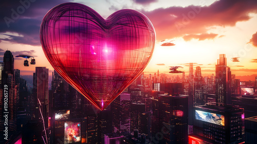 A neon heart glows in a futuristic city creating a mesmerizing urban romance photo