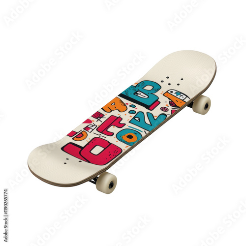 Skateboard Design: A stylish cream-colored skateboard deck features a vibrant, colorful graffiti-style design. Perfect for showcasing individuality and urban style.  