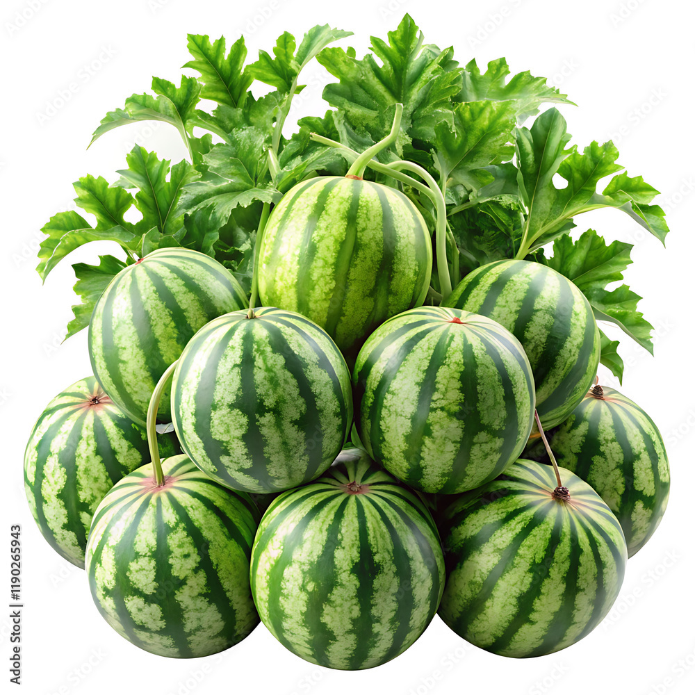 Pile of Watermelons with Green Leaves - Stacked fresh whole watermelons with green striped rinds and leafy stems, showcasing a vibrant harvest and summer abundance.
Pile of Watermelons with Green Leaves - Stacked fresh whole watermelons with green striped rinds and leafy stems, showcasing a vibrant harvest and summer abundance.