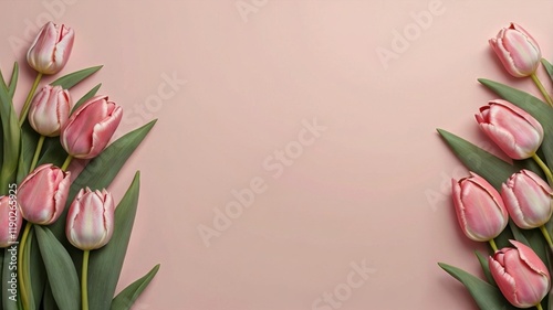 Bouquet of pink tulips on a pink background, top view, space for text.