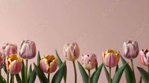 Bouquet of pink tulips on a pink background, top view, space for text.