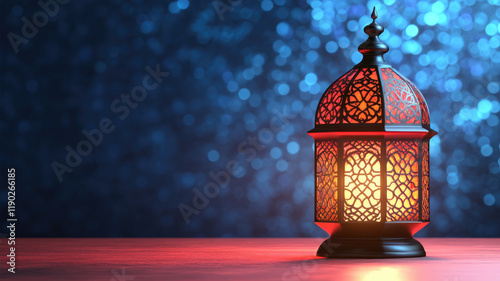 Traditional Islamic lantern with intricate patterns glowing on a wooden surface, blue bokeh lights in the background photo