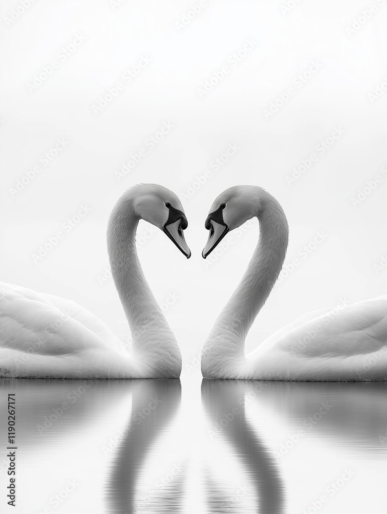 Fototapeta premium swans in heart shape on serene lake reflecting tranquility and harmony by Rogatnev