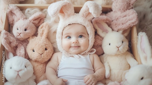 Adorable Baby in Bunny Hat with Plush Toys