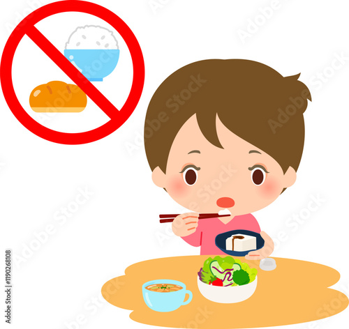 ご飯やパンを抜いた食事をする女性