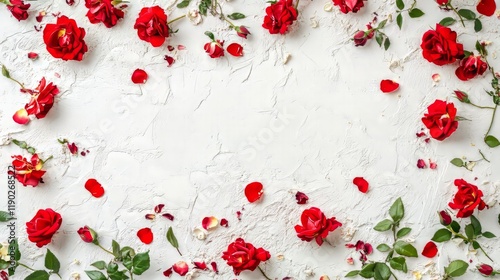 Dark and mysterious red roses with fallen petals isolated on a white background, creating a creepy and haunting floral arrangement for dramatic and spooky visuals photo