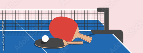 Table tennis background with paddles, ball, net and ping pong table. Trendy vector concept of ping pong with copy space. Design template for competition ads, tournament announcement.