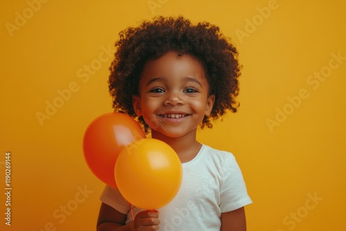 Smiling child holds orange balloons against cheerful yellow back photo