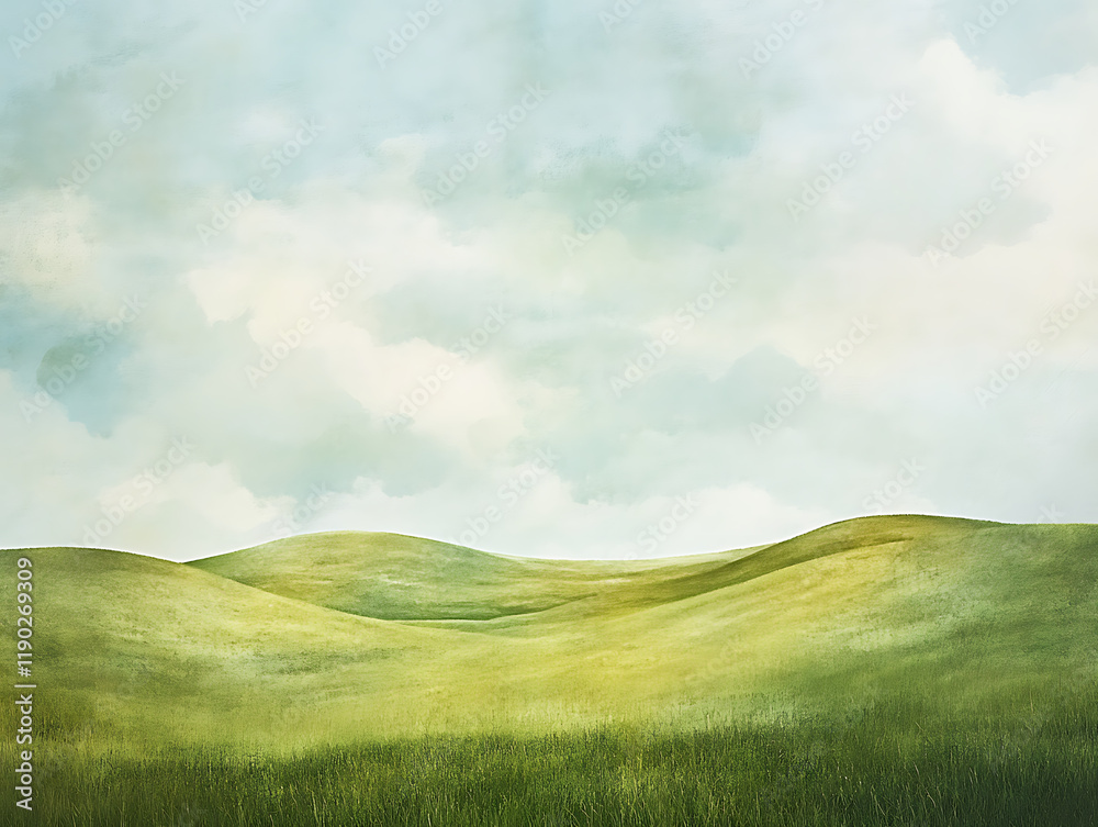 Obraz premium minimalistic landscape with rolling hills and meadows painted in vibrant absinthe tones under a soft, cloudy sky