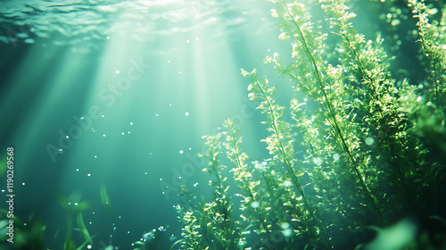 tranquil underwater scene with absinthe green aquatic plants gently swaying, illuminated by filtered sunlight from above