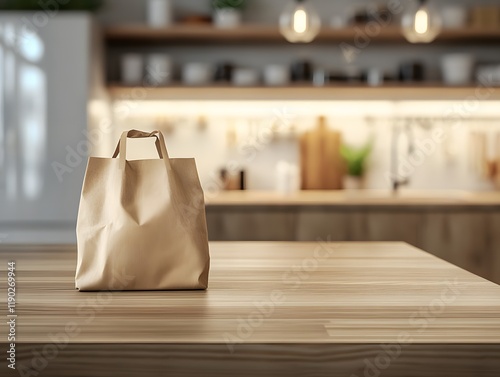 Sustainable paper grocery recycle bag positioned on rustic wooden counter surface captures everyday shopping essentials while sharp details showcase morning kitchen preparation space.