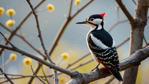 Red, white, and blue feathers adorn these wild birds of nature, including woodpecker and kingfisher with prominent beaks on a branch photo