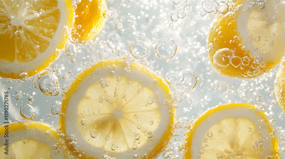Lemon Slices Submerged In Sparkling Water Bubbles Lemon Slices Submerged In Sparkling Water Bubbles
