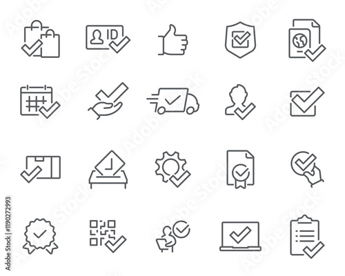 Delivery Essentials Icons. Editable vector icon set- shopping bag, ID, like, calendar, shield, delivery, certificate.