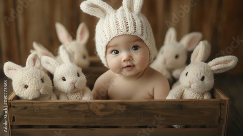 Adorable Baby in Bunny Hat with Stuffed Rabbits photo