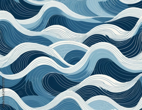 Abstract Blue Ocean Waves Seamless Pattern: Elegant, Stylish, Modern Watercolor Texture