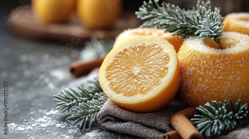 [Winter wellness health remedies essential] Fresh Citrus Still Life with Wooden Table and Cinnamon Sticks