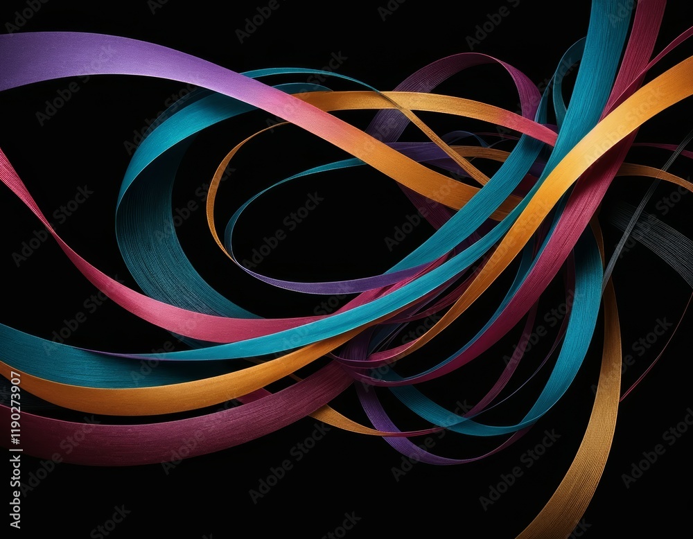 Abstract Colorful Ribbons Swirling Dynamically on Black Background: Elegant 3D Rendered Artwork