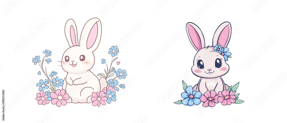 Cute cartoon rabbit with pastel flowers and blue color. Cute cartoon rabbit with pastel flowers and blue color.