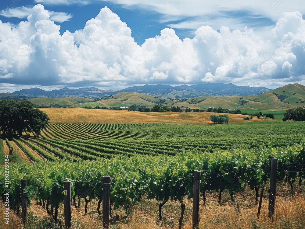 Naklejka premium A vast agricultural landscape with rolling clouds overhead, with a gentle breeze rustling through the crops