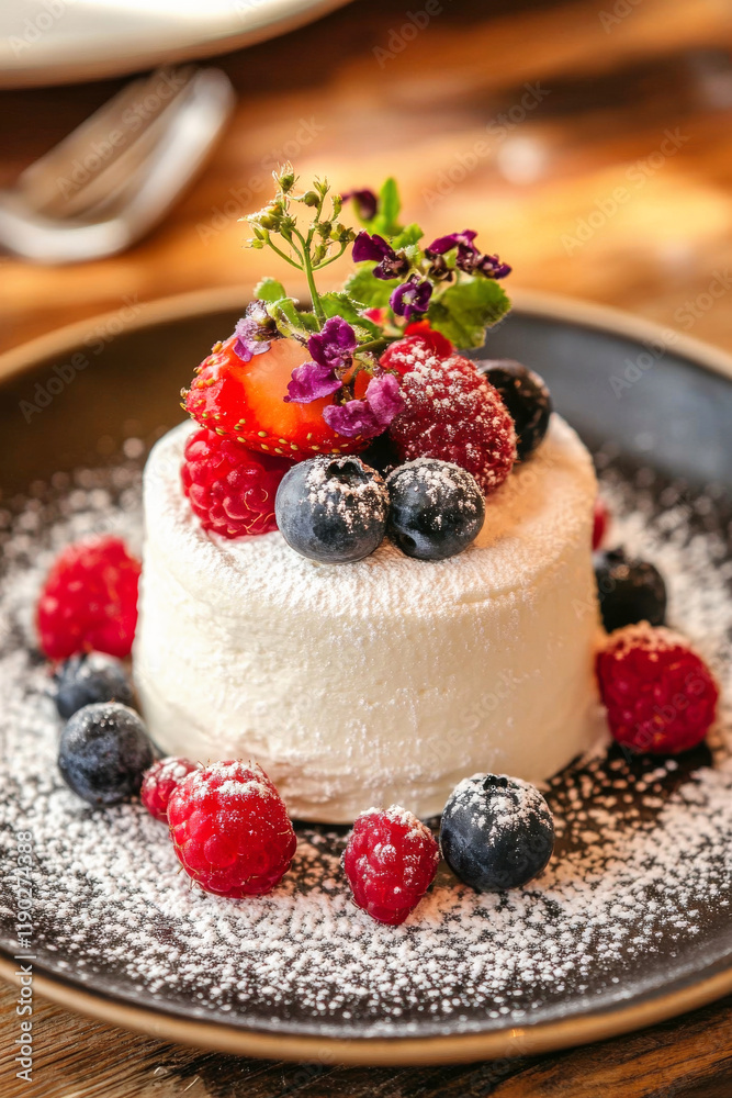 Photo of dry yogurt garnished with powdered sugar and fresh berries, presented on a rustic plate in a cozy atmosphere with warm lighting.. Photo of dry yogurt garnished with powdered sugar and fresh berries, presented on a rustic plate in a cozy atmosphere with warm lighting..