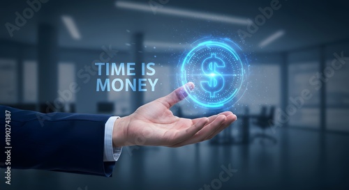 Businessman showcasing time and money concept with glowing dollar icon in futuristic office background representing time value efficiency wealth and financial management perspective photo