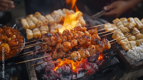 An Indonesian satay with skewered grilled meat, peanut sauce, and rice cakes, offering a savory and spicy experience from Indonesian cuisine. photo