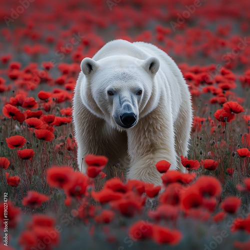 A polar bear walking through a field of arctic poppies photo