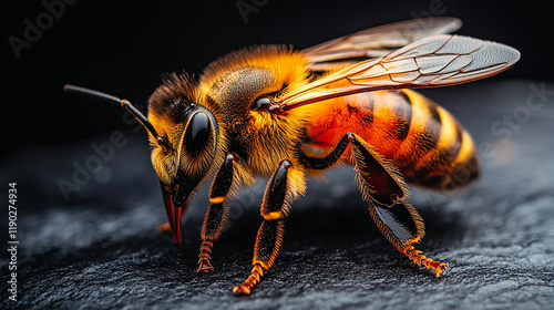 A honeybee, focused on its face and wings, highlighting its detailed anatomy