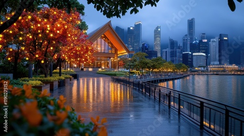 [Serene evening scene by city lakefront resort] Peaceful Evening by Waterfront Resort with City Skyline and Illuminated Trees photo