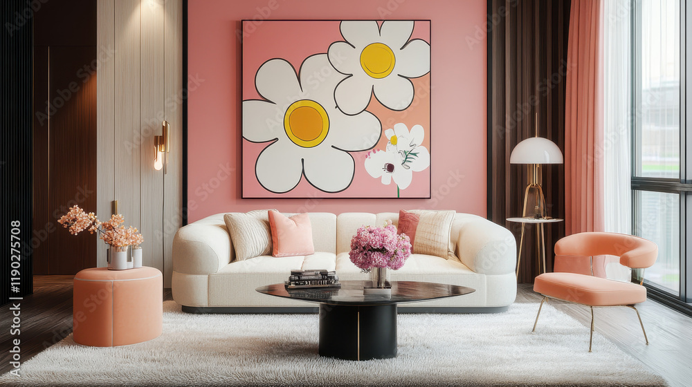 Fototapeta premium Pink Floral Art Living Room: A vibrant and chic living room boasts a modern aesthetic with a large floral painting in shades of pink and yellow, a plush white sofa.
