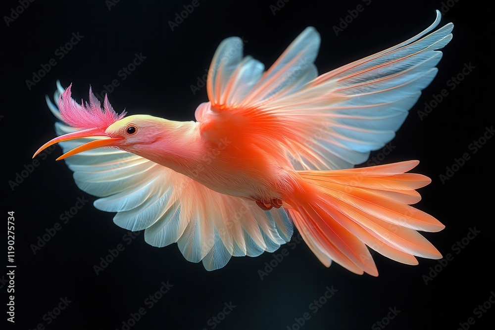 Obraz premium Colorful bird soaring through a dark sky with vibrant feathers and distinctive plumage details