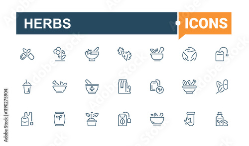 Herbs icon collection. Contains related to utensil, cuisine, web, star, condiments, spice and more. Minimal linear icons. Vector icons editable stroke.