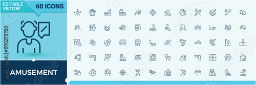 Amusement Contact Us icon set. Related to music, camping, hiking, joystick, board, photograph, fitness and more. Set of line pictogram. Editable vector stroke.