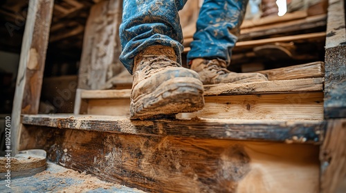 A close-up of a worker's muddy boots stepping on wooden stairs, highlighting the ruggedness of construction or renovation work.