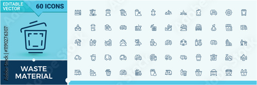 Waste Material line icons set. Contains such icons as paper, waste, battery, bin, metal and more. Simple line vector. Vector icons editable stroke.