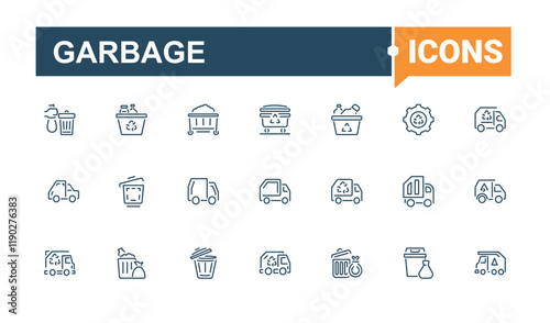 Garbage icon set. Contains such icons as junk, trash, bin, bag, eco, metal and more. Minimalistic icon. Editable stroke. Vector illustration.