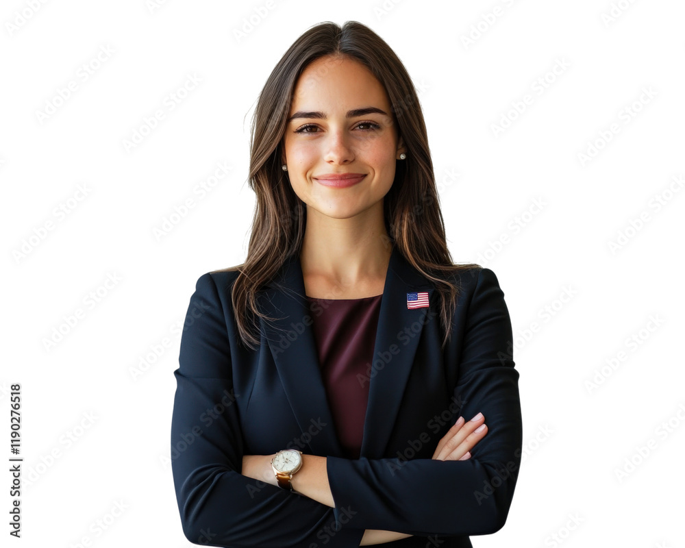 Confident woman in business suit with arms crossed, smiling, isolated on transparency background. She has flag pin on her lapel, representing patriotism and professionalism Confident woman in business suit with arms crossed, smiling, isolated on transparency background. She has flag pin on her lapel, representing patriotism and professionalism