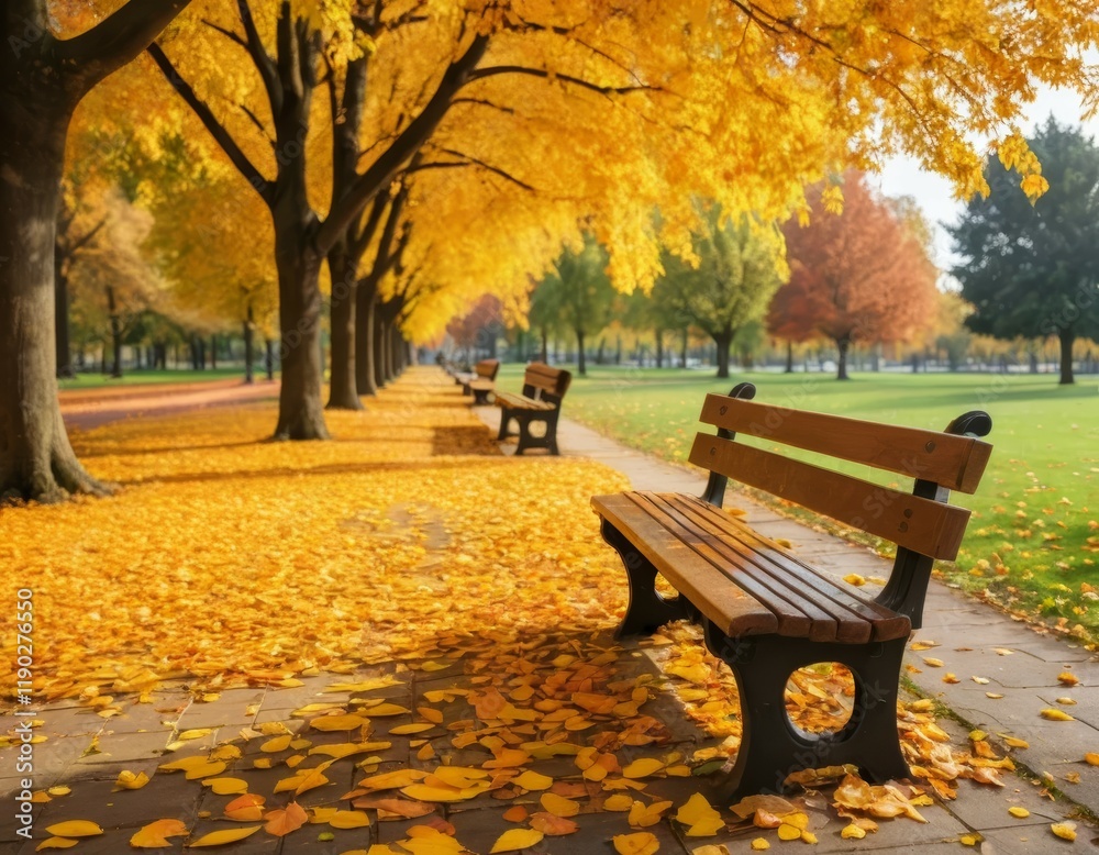 Autumn Park Bench: Golden Leaves Pathway, Serene Fall Scene Autumn Park Bench: Golden Leaves Pathway, Serene Fall Scene