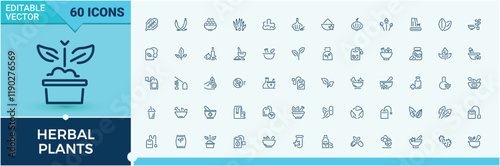 Herbal Plants icon collection. Related to mix, powder, salt shaker, pepper, food, salt, seed and more. Minimal icons. Editable vector stroke.