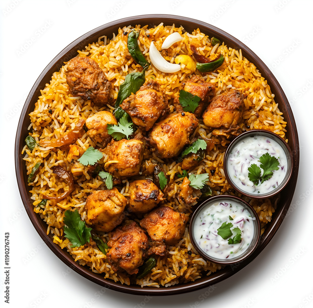 Fototapeta premium an Indian thali with biryani rice, chicken tandoori, and raita on a wooden plate