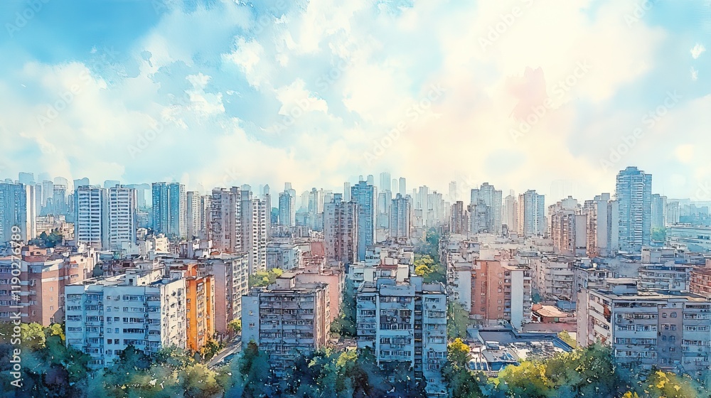 Obraz premium A watercolor cityscape portrays a city with gray buildings under a clear blue sky