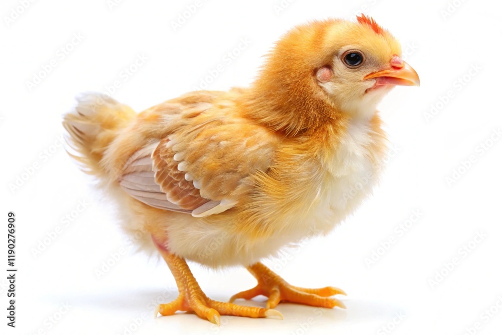 Fototapeta premium A small chicken with a red beak stands on a white background